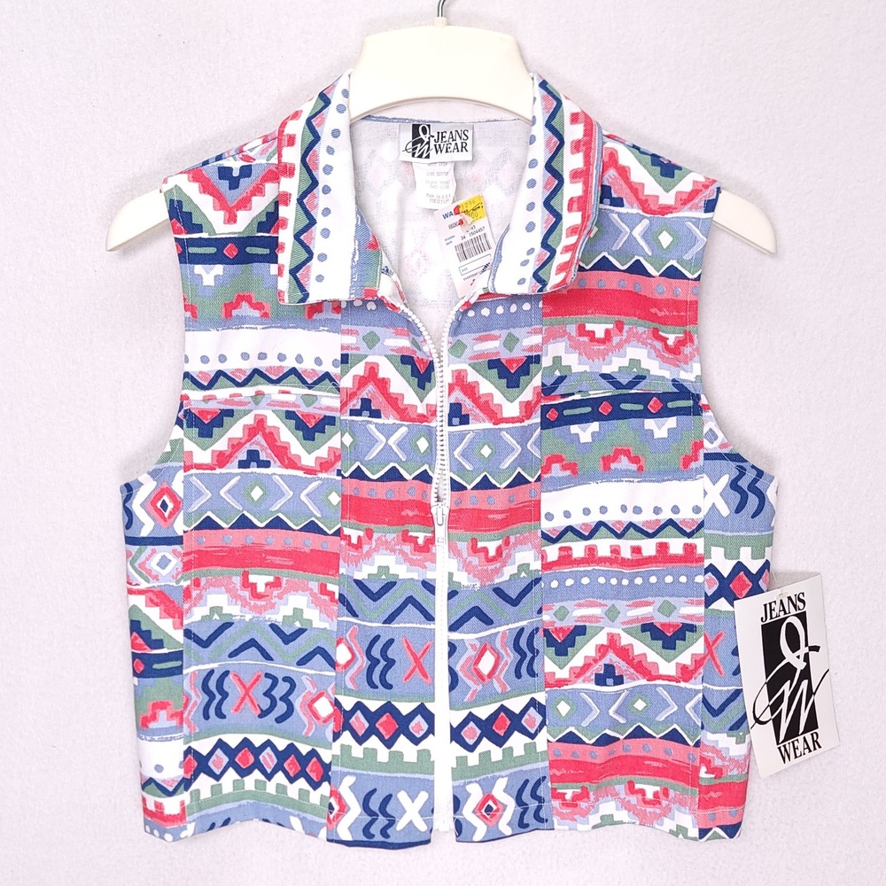 Vintage 90s Q‎ Jeans Wear Southwestern Geometric Zip Up Denim Vest Womens Medium